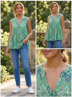 Cynthia Rowley Green Floral Peplum Tank with Split V-Neck